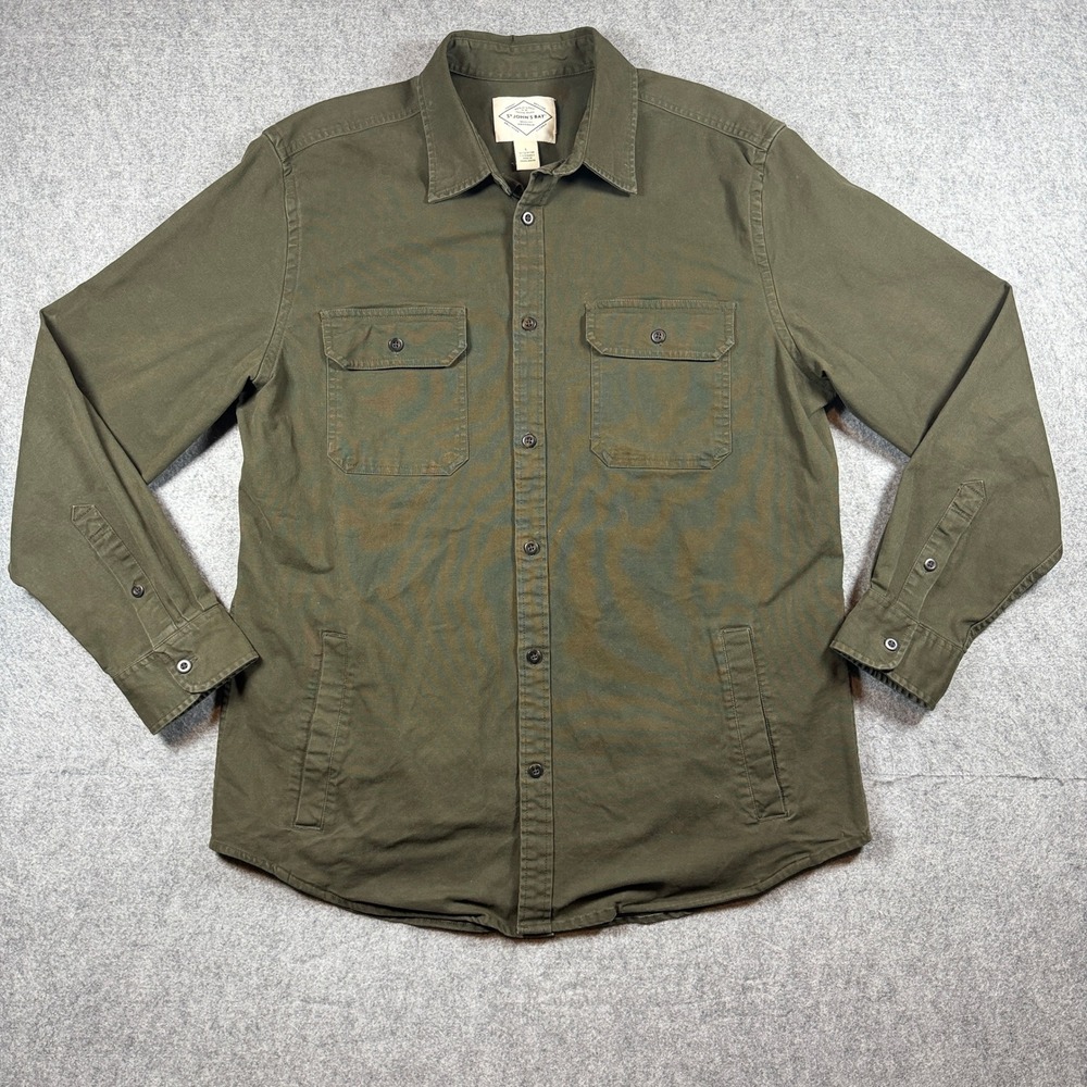 St John's Bay Mens Shirt Jacket L Olive Green Cotton Spandex Pockets
